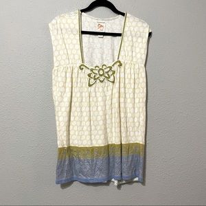 Anthropologie Green & Blue Boho Printed Square Neckline Tunic Top L